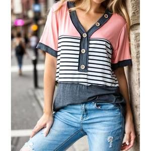 NEW HEIMISH USA button striped top in Peach/gray top